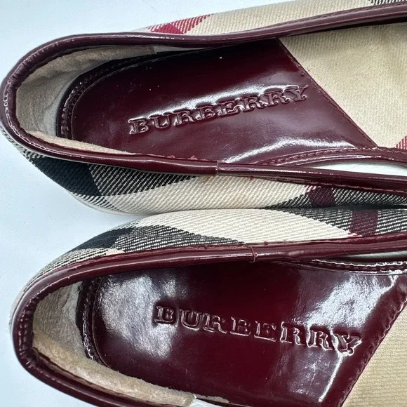 Burberry Nova Check Ballet Flat Burgundy Patent Cap Toe Rubber Bumper EU 35 US 5